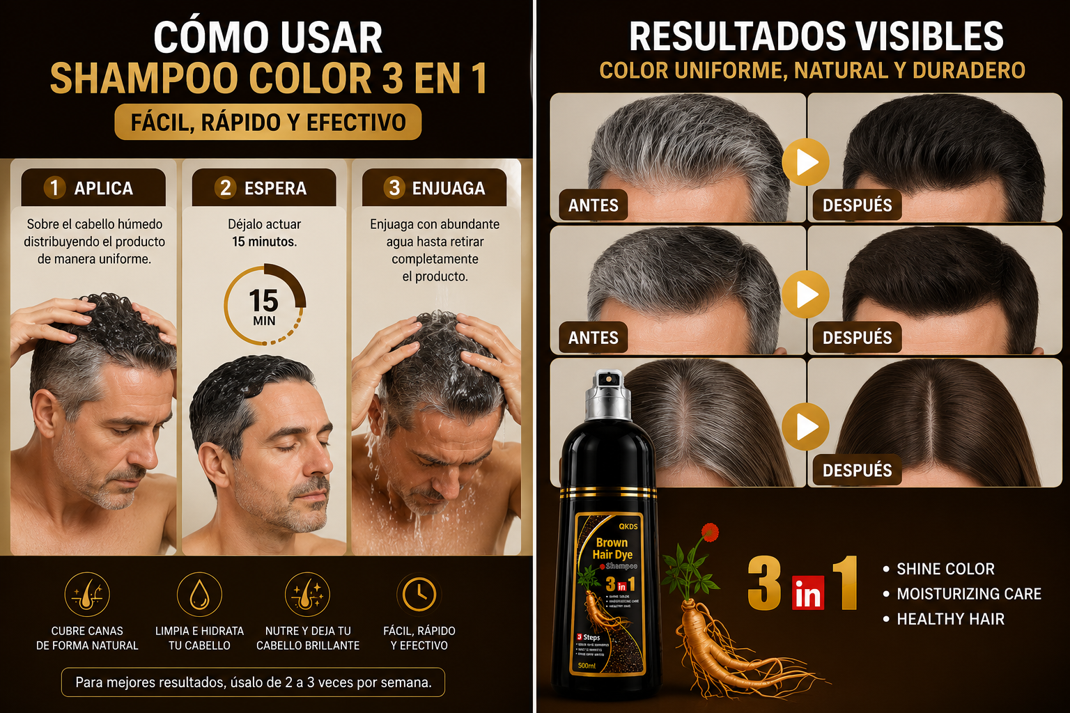 Shampoo Color 3 en 1 Cubre Canas | 500 ml