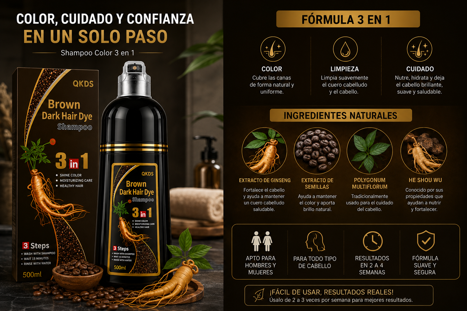 Shampoo Color 3 en 1 Cubre Canas | 500 ml